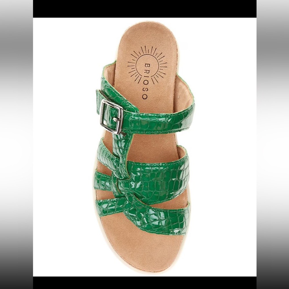 Brioso Haddon Patent Leather Sandal Crocodile Slide MONSTERA GREEN 9 cork buckle - Picture 4 of 16